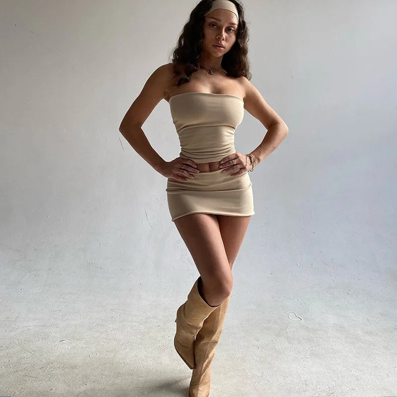 Women's Strapless Solid Crop Top and Skirt 2 Piece Set Outfit Co-Ord Sets Matching Set