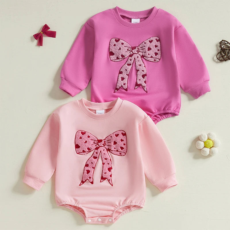 Children's 0-18M Baby Girls Bubble Romper Heart Bow Embroidery Long Sleeve Sweatshirt Jumpsuit