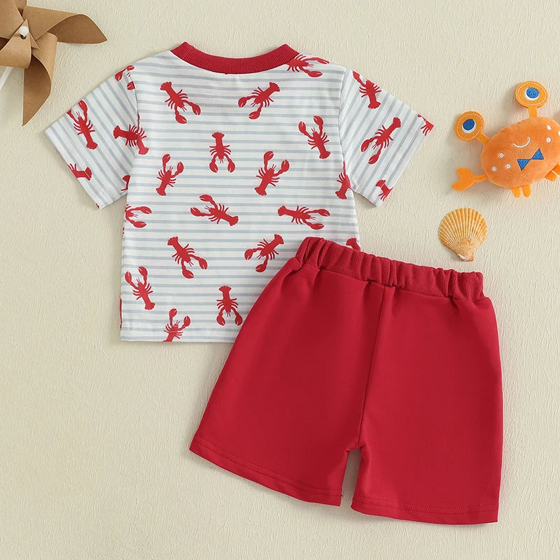 Baby Boys Striped Lobster Print Summer Set - T-Shirt & Solid Shorts (0-3Y)