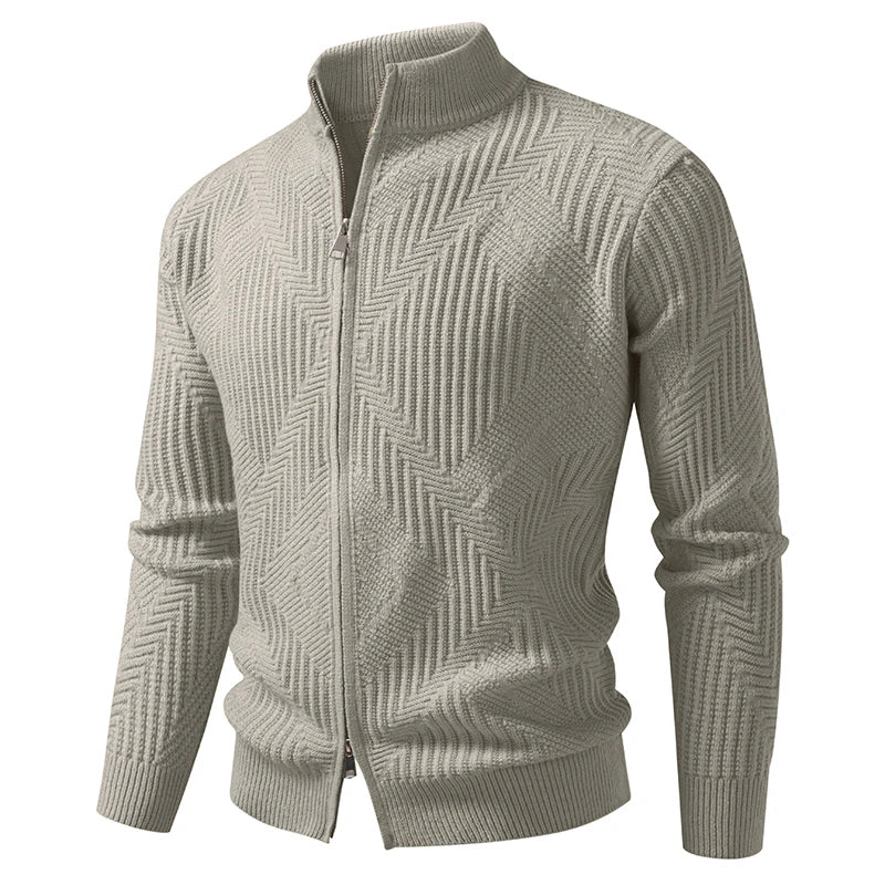Men's Stand Collar Geometric Knit Sweatercoat - Solid Colour Casual Cardigan for Autumn Winter