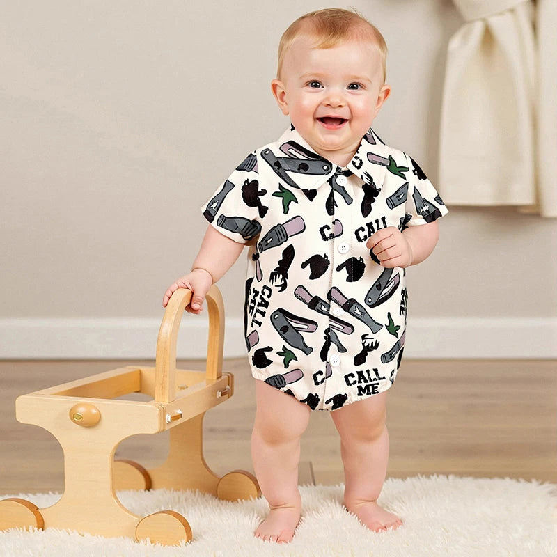 Baby Boys Gentleman Western Romper - Cartoon Print Button-up Bodysuit (0-18M)