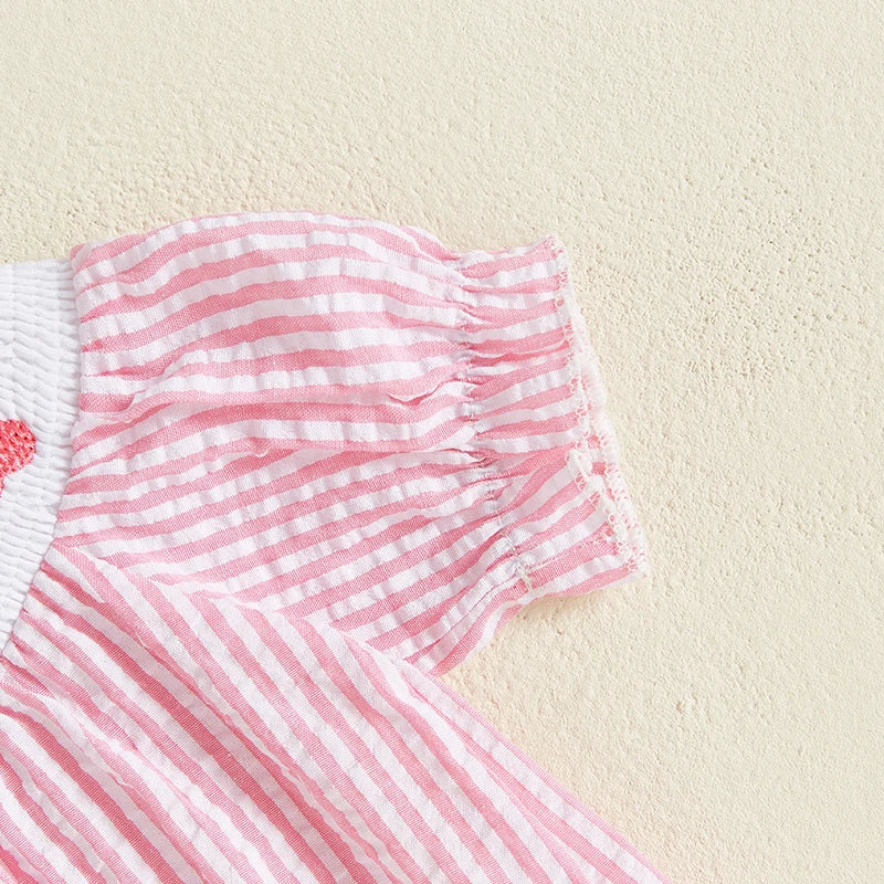 Baby Girls Easter Rabbit Embroidery Romper Dress - Striped Puff Sleeve Outfit