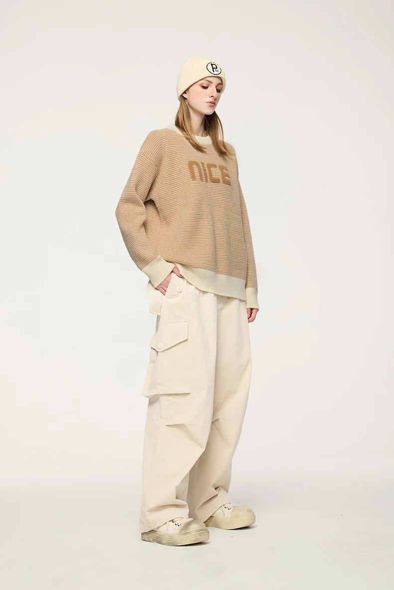 Unisex Letter Print Loose Knit Pullover Sweater