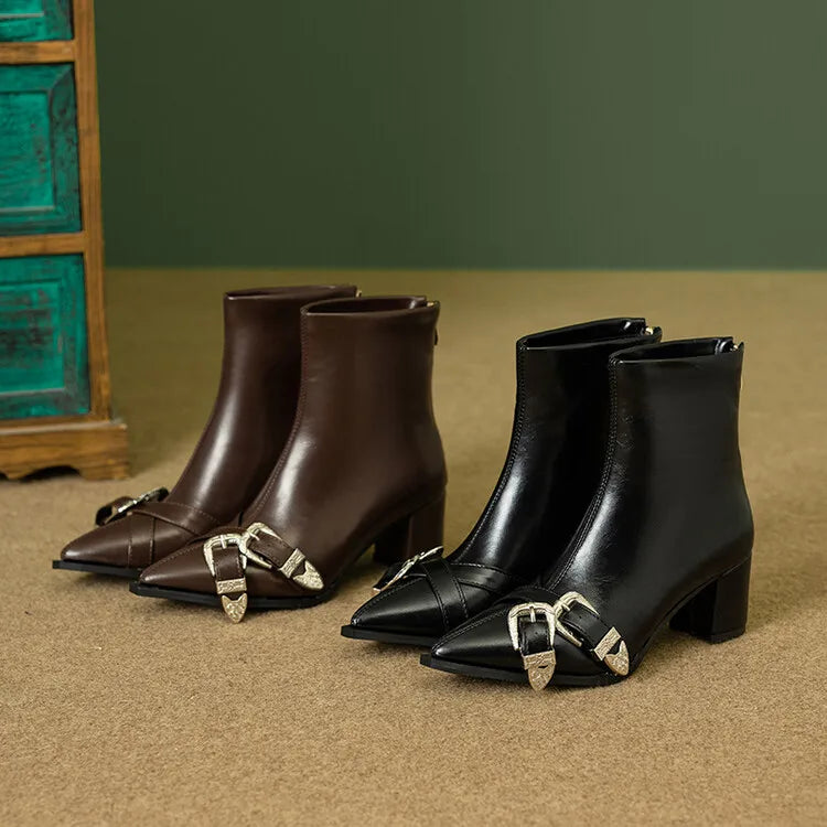 Women's Leather Metal Belt Buckle Short 6cm Square Heel Rivet Boot Back Zipper Boots