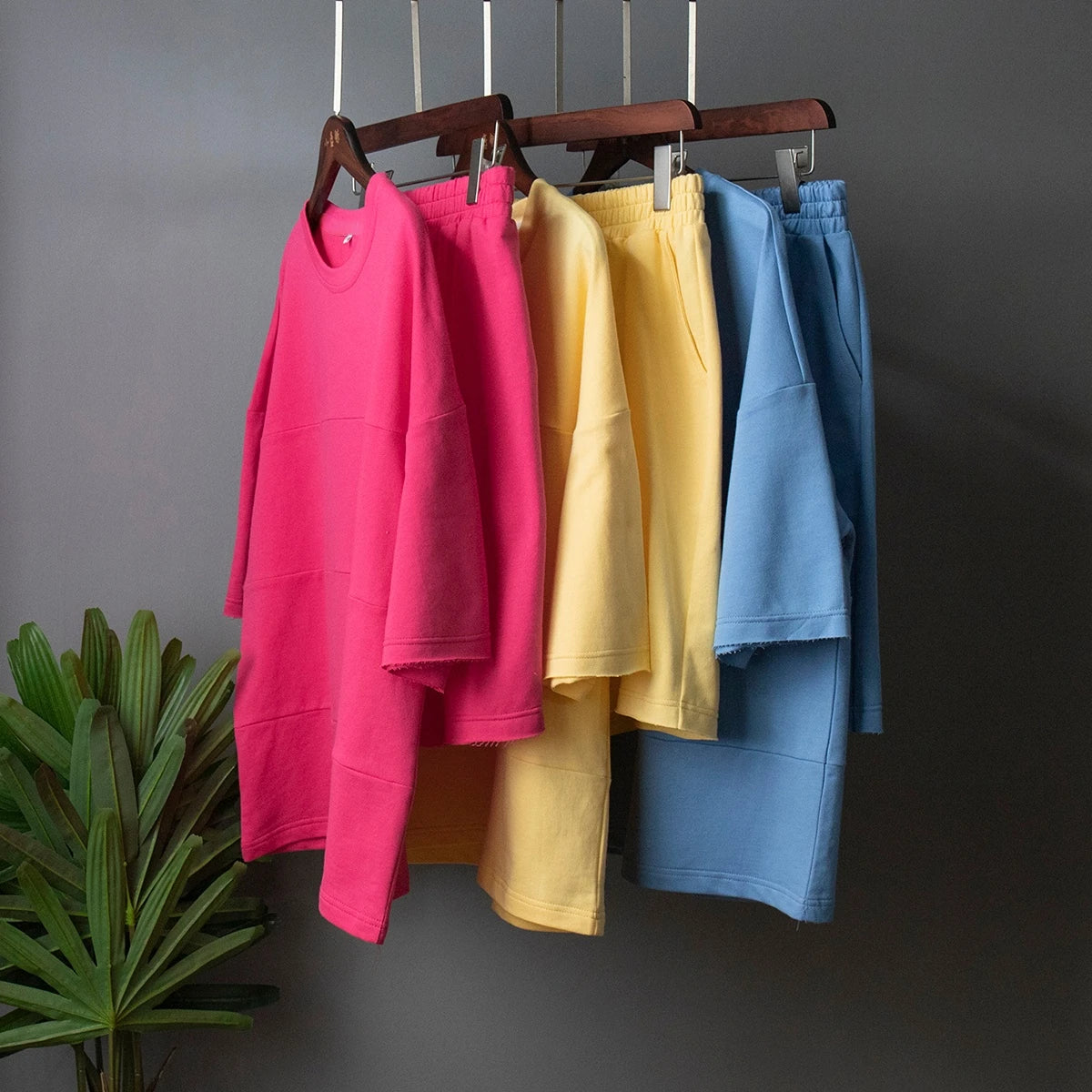Women's 100% Cotton Shorts Set Half Sleeve Patchwork T Shirts & High Waist Shorts Two Pieces Set