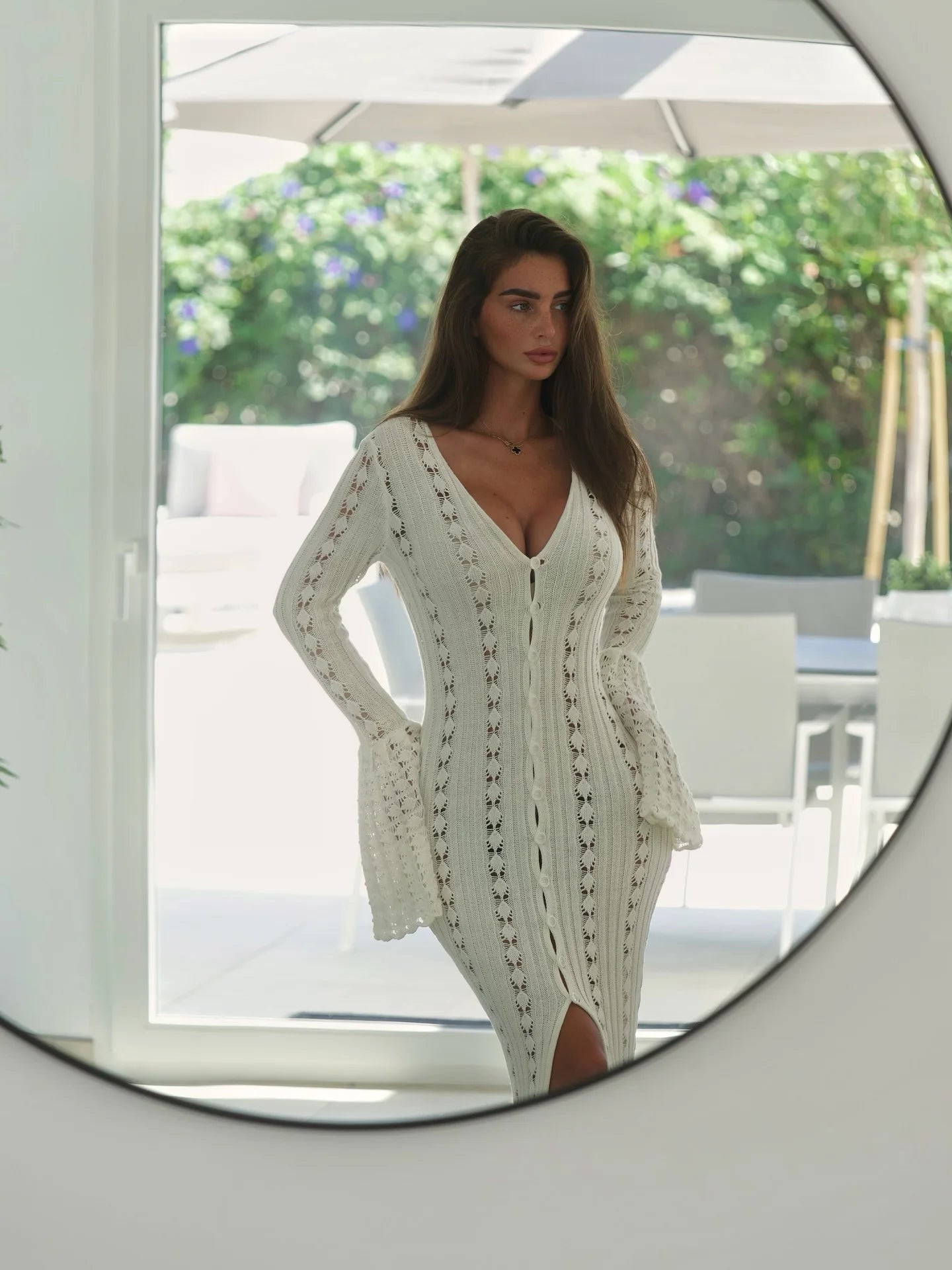 Women's Hollow Out Sweater Summer Cover Up Elegant Slim Split Maxi Beach Dress