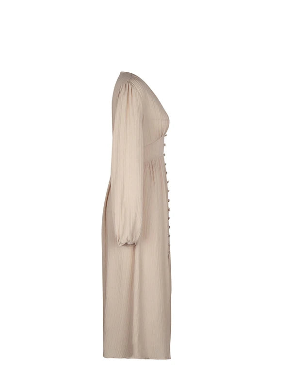 Women's Autumn Winter Long Sleeve Elegant V-neck Chiffon A-Line Knee Length High Waist Dress