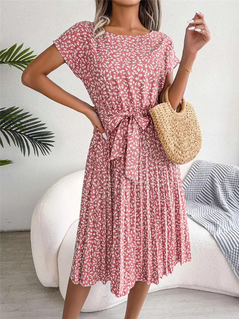 Women's Floral Pleated A Line Long Spring Summer Short Sleeve High Waist Chic Dress