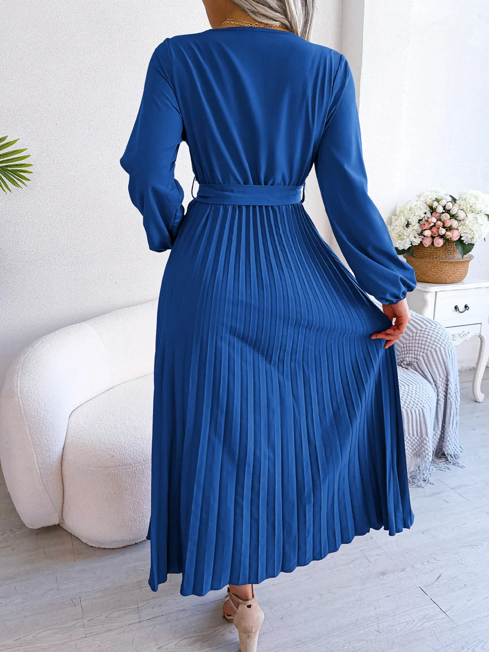 Women's Spring Summer Cross V Neck Large Hem Pleated Long Dress