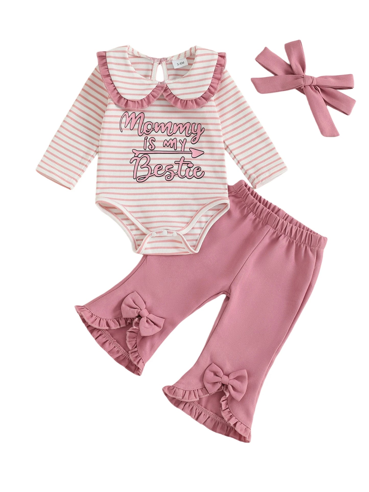 Baby Girls Striped Outfit Set - 3-Piece Long Sleeve Doll Collar Jumpsuit, Flared Pants & Headband (0-18M)