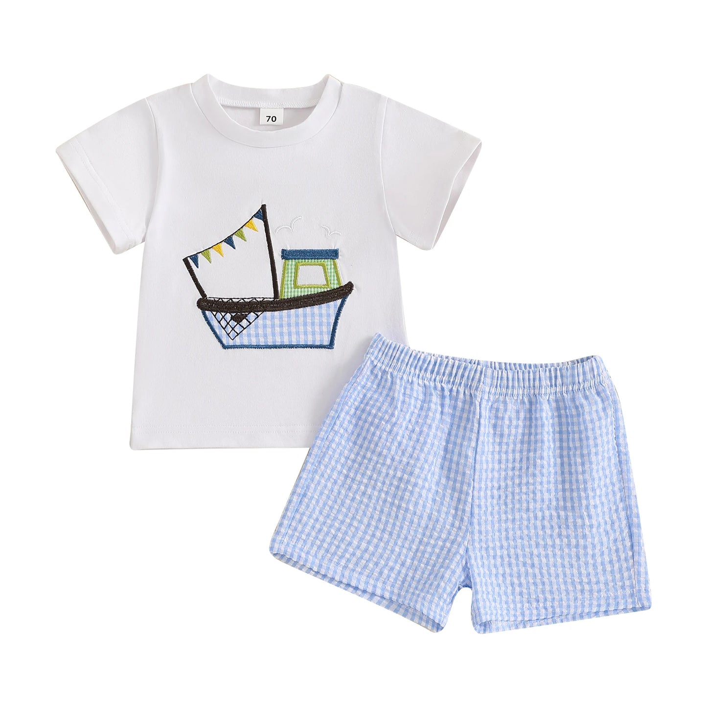 0-3Y Casual Kids Boys Clothes Sets Boat Embroidery Short Sleeve T-shirt Striped Elastic Waist Shorts