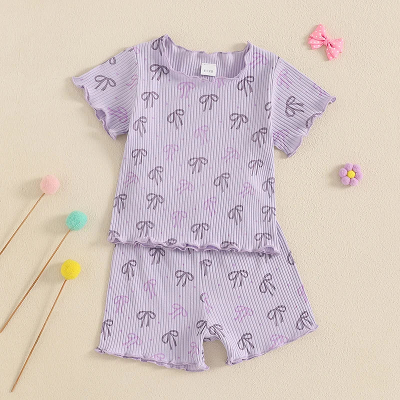 1-5Y Kids Girls Clothes Sets Bow Print Lettuce Trim Short Sleeve T-shirt Elastic Waist Shorts