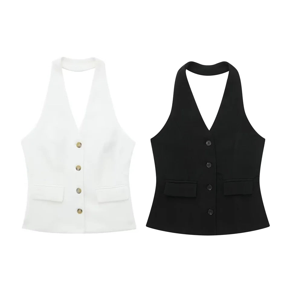 Women's Solid Colour Backless Hanging Neck Collar Vest Long Trousers Set