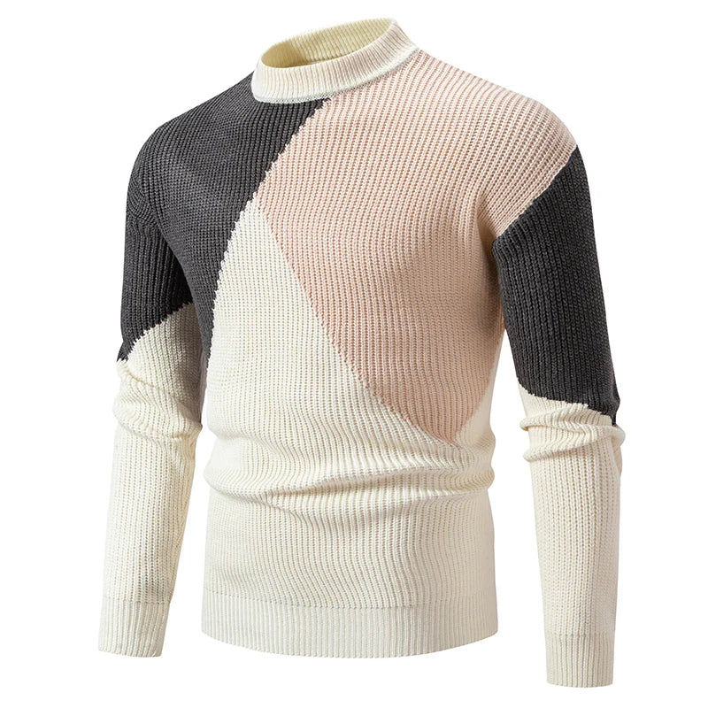 Men's Autumn Winter Mock Neck Patchwork Casual Slim Fit Knitted Pullover Sweater
