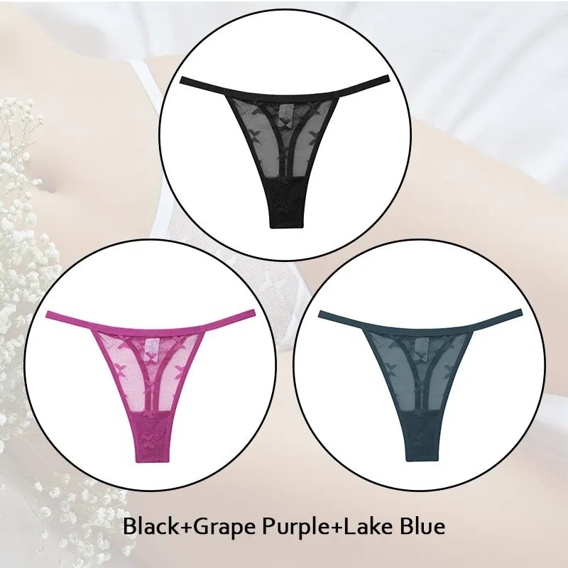 3-Piece Lace Thong Set - Low Waist Bikini Style Underwear for Women