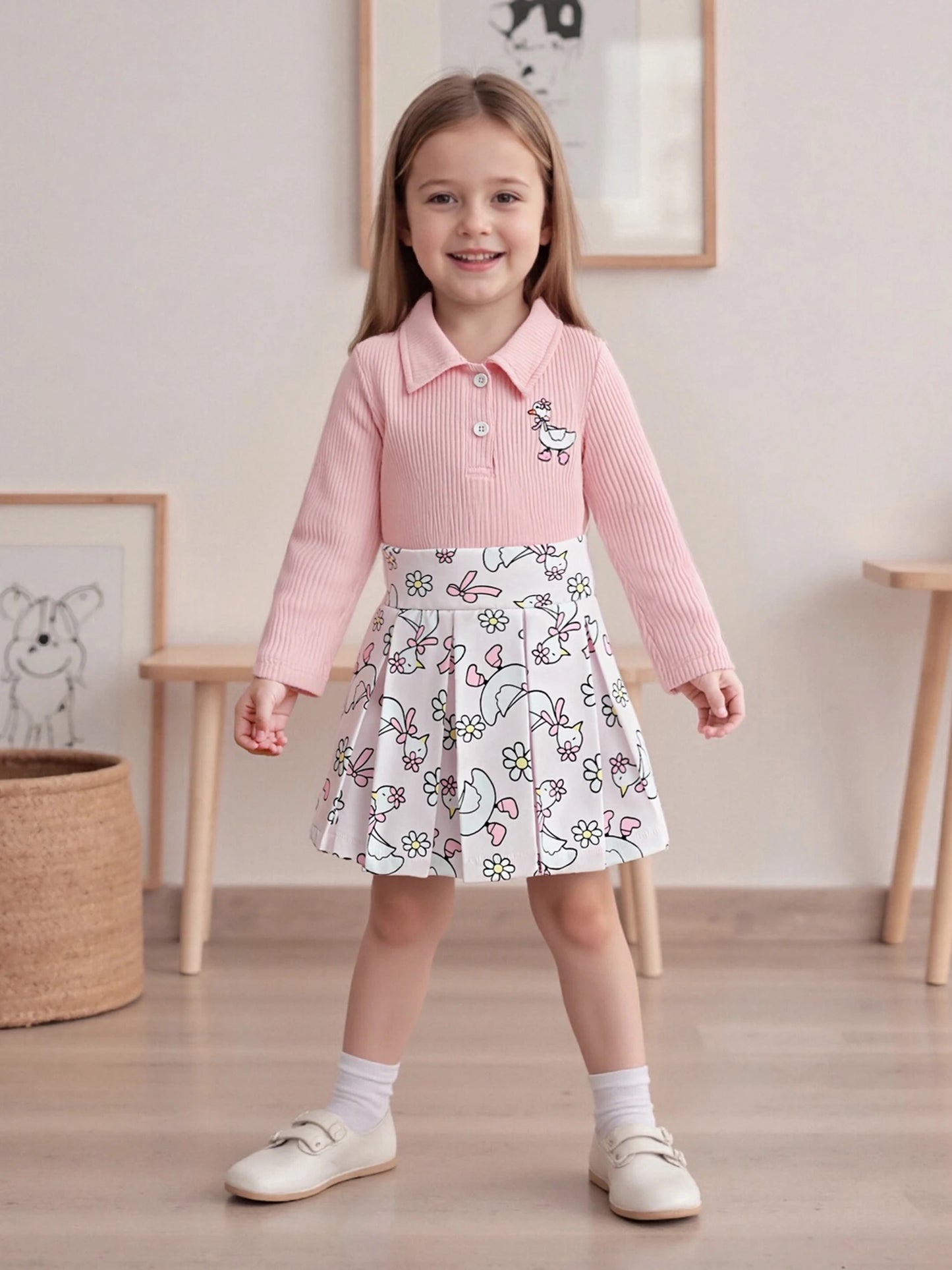 Baby Girls Animal Embroidery Outfit Set - Long Sleeve Top & Floral Print Skirt (0-4Y)