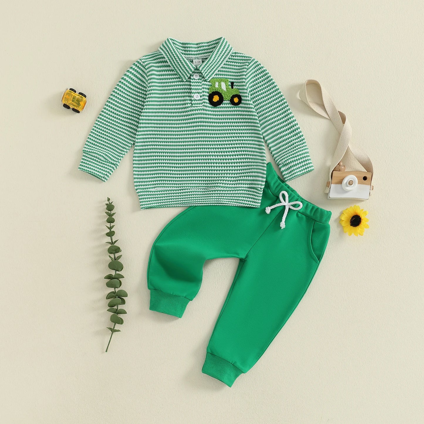 Infant Baby Boys Fall Winter Clothes Set - Long Sleeve Truck Embroidery Striped Top & Elastic Waist Pants