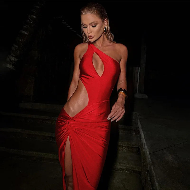 Women's One Shoulder Sleeveless Cut Out Split Long Dress