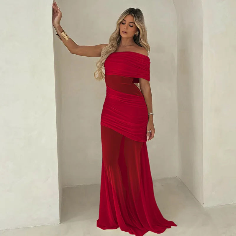 Women's Off Shoulder Ruched Mesh Maxi Dress - Backless Summer Club Dress