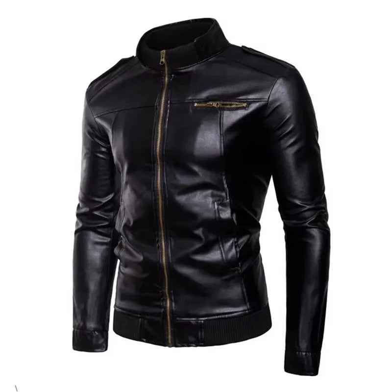 Men's PU Leather Slim Fit Stand Collar Jacket