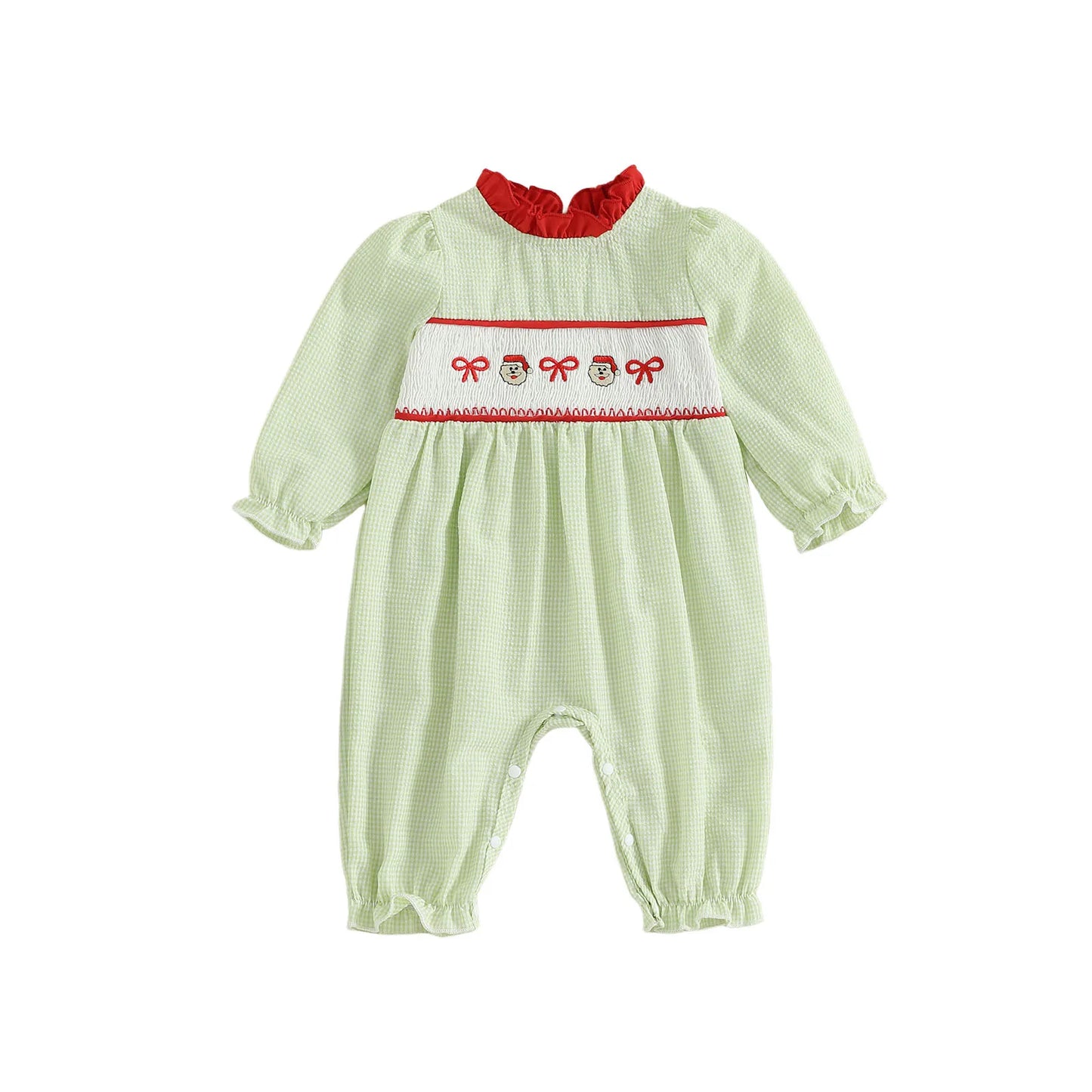 Baby Girls' Christmas Romper - Santa & Gingerbread Embroidery Smocked Long Sleeve Jumpsuit