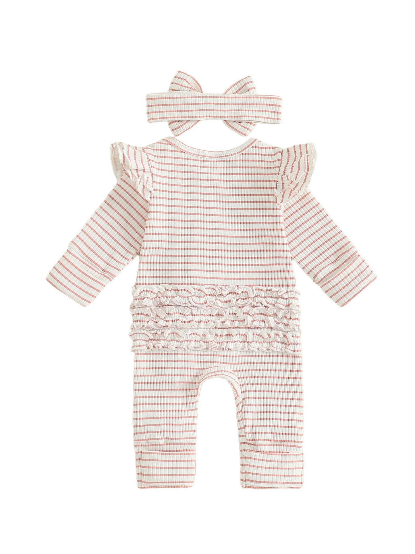 Newborn Baby 2-Piece Romper Outfit Set - Striped Jumpsuit with Headband