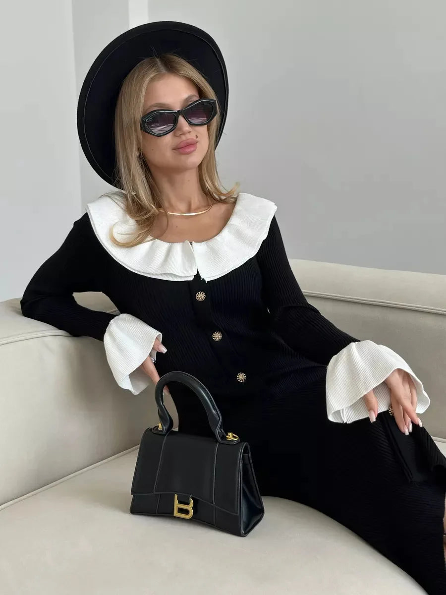 Women's Knitted Long Splice Contrast Colour Bodycon Sweater Elegant Flare Sleeve Dress