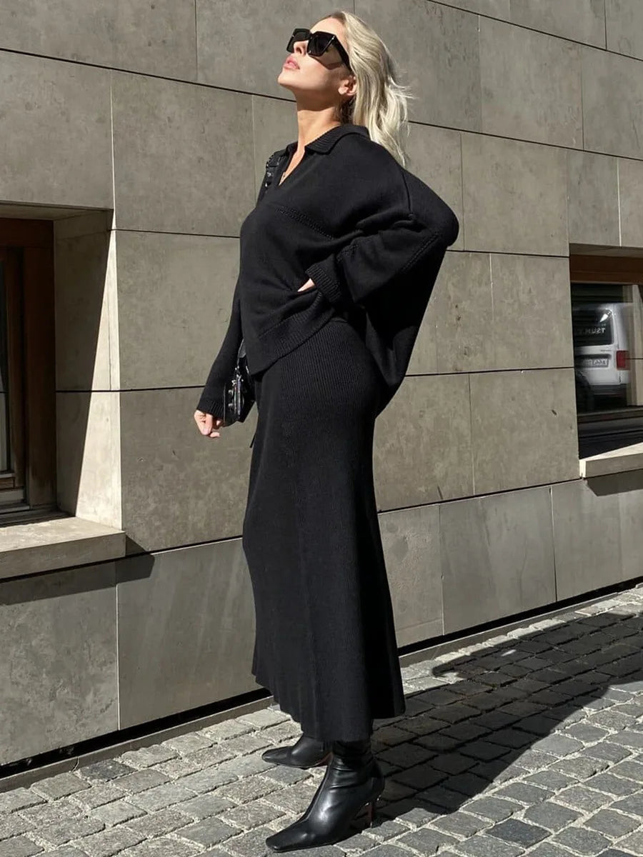 Women's Loose Sweater V-Neck Knit Pullover Top and Long High Waist Skirt 2 Piece Set