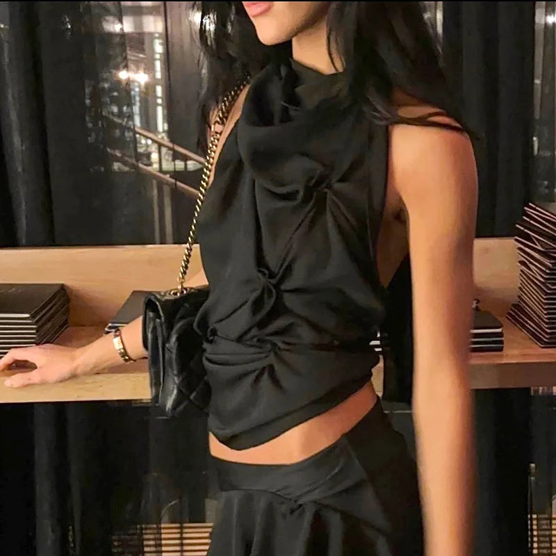 Women's Halter Lace Up Backless Tanks Top Camis Sleeveless Pleated Top