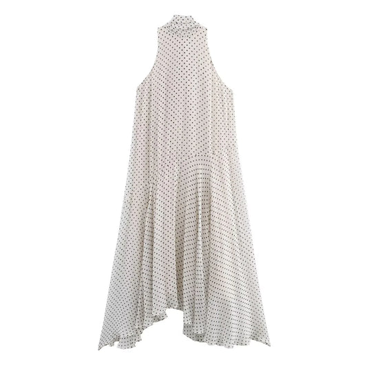 Women's White Polka Dot Halter Neck Bow Dress - Beach Vacation Long Sleeveless