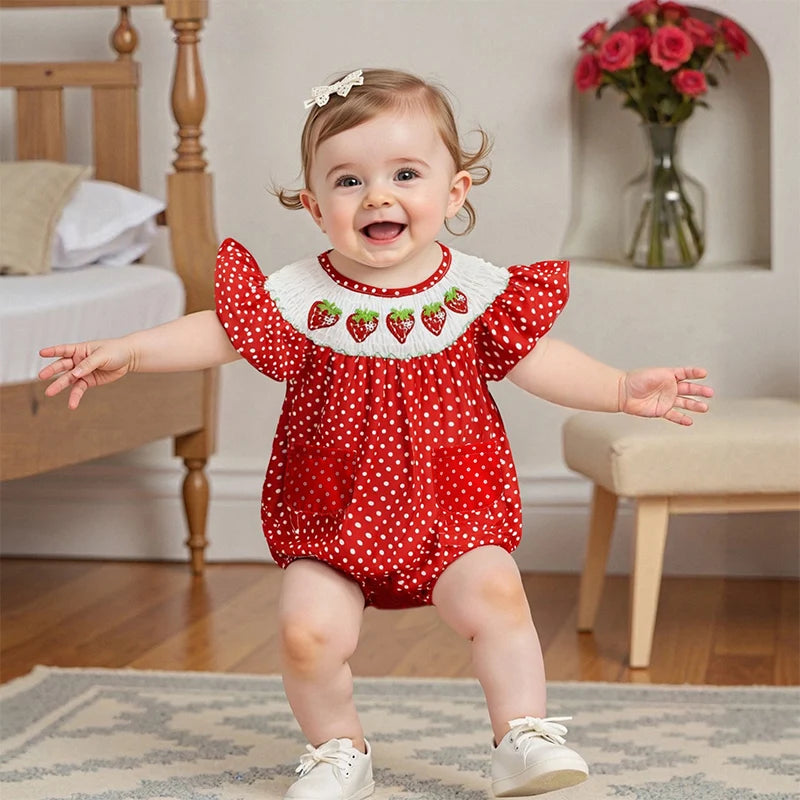Baby Girls Strawberry Embroidery Polka Dot Romper - Smocked Ruffle Sleeve Jumpsuit (0-24M)