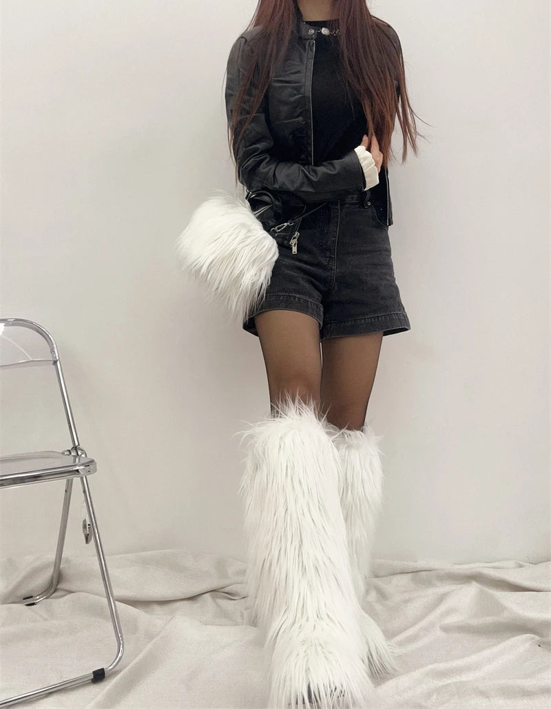 Winter Women Faux Fur Boots And Bag Set - Fluffy Warm Snow Boots Cute Tote Fur Handbag and Platform Plush Boots