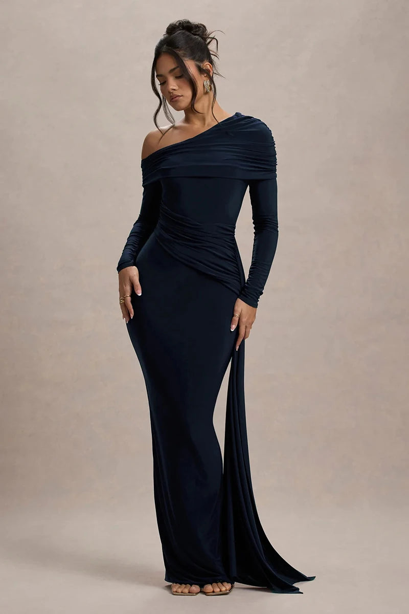 Women's Skew Collar Long Sleeve Maxi Backless Draped Ruched Bodycon Long Dress