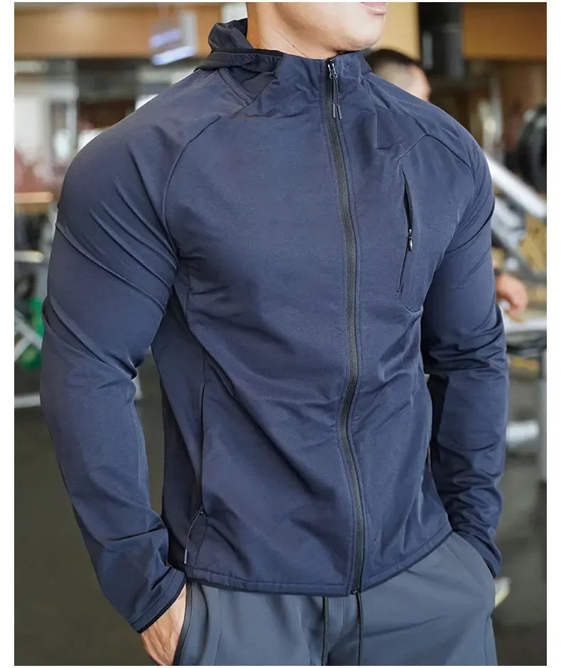 Men's Nylon Sport Coat Gym Fitness Hoodies Outdoor Workout Tops Hooded Training Running Zipped Jacket