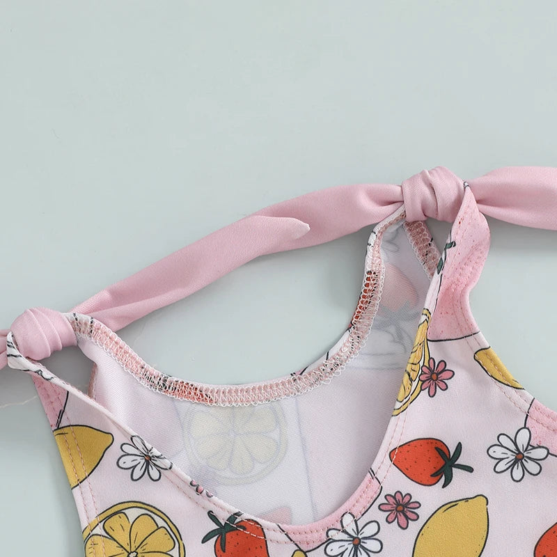 0-5Y Toddler Kids Girls Summer Swimsuits Cartoon Ice Cream Print Tie up Strap Ruffled Swimwear