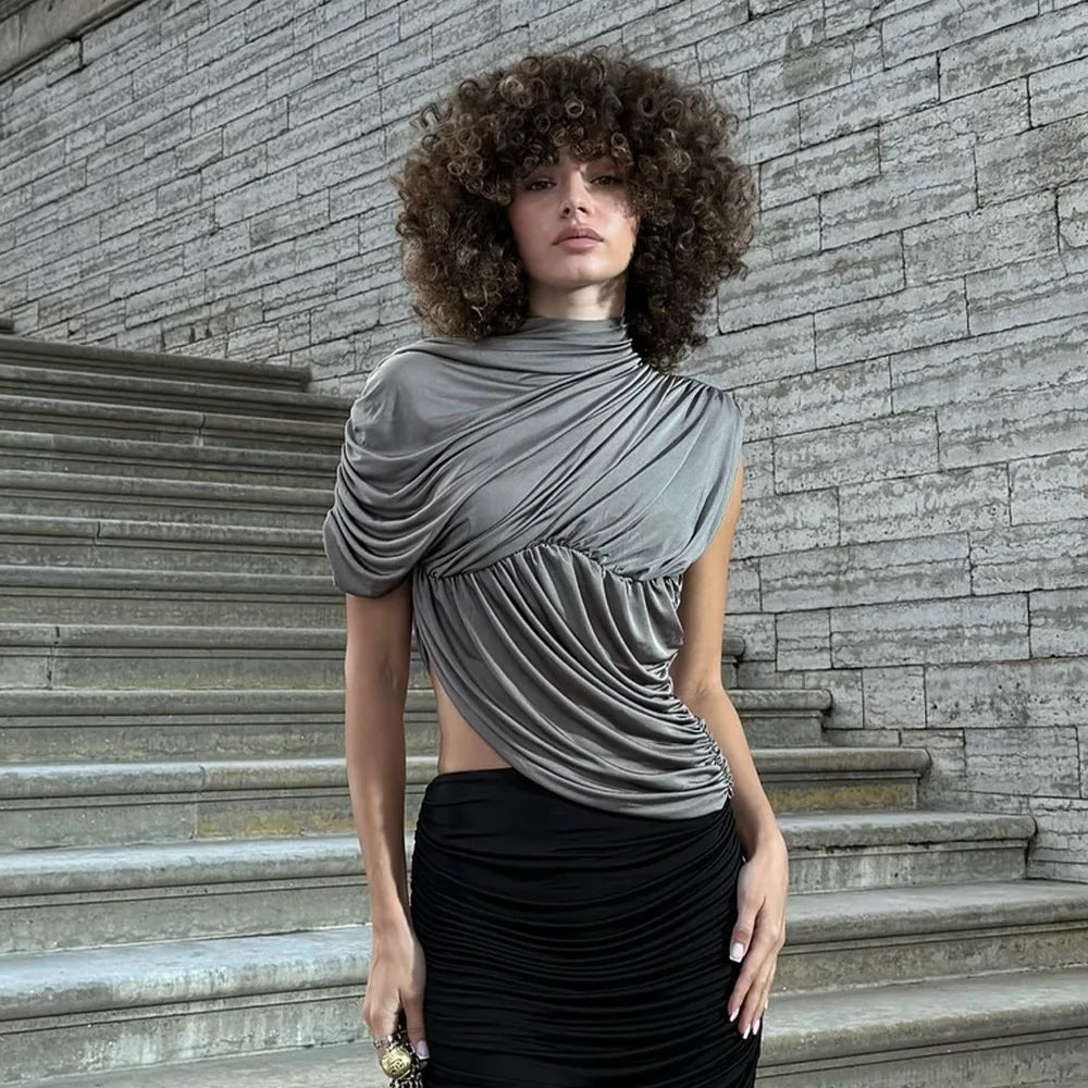 Women's Ruched Asymmetrical Sleeveless Top - Chic Summer T-Shirt