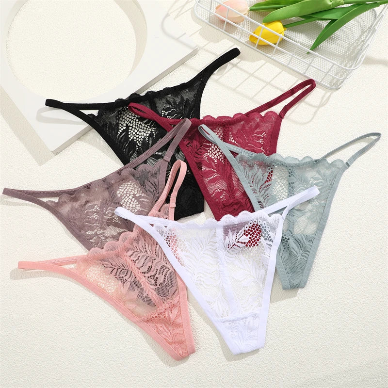 Floral Lace Thong Underwear - Low Waist Transparent Briefs for Women