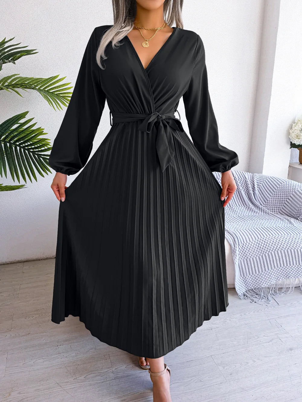 Women's Spring Summer Cross V Neck Large Hem Pleated Long Dress