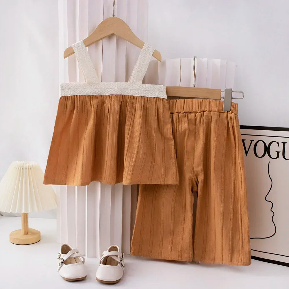 Girl's 2 Piece Set Lace Patchwork Suspender Top and Pleated Wide Leg Pants Set