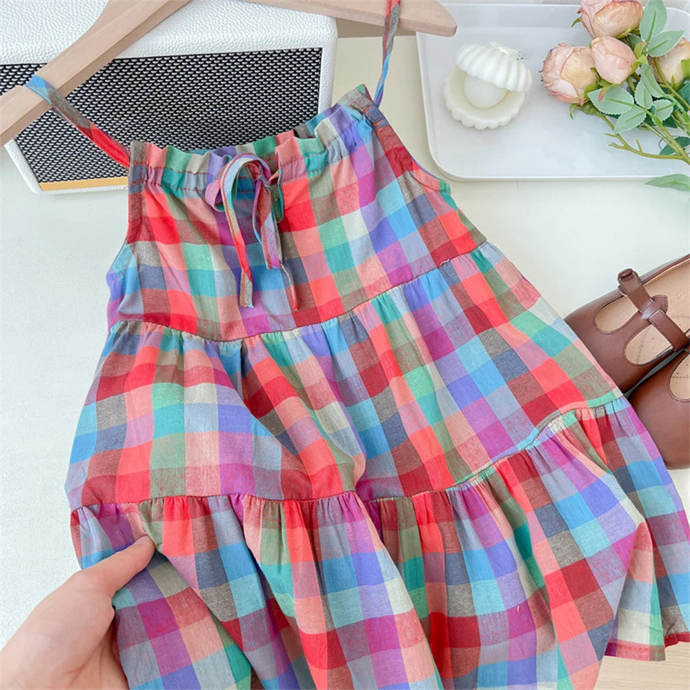 Girl's Summer Plaid Strap  Sleeveless Dress