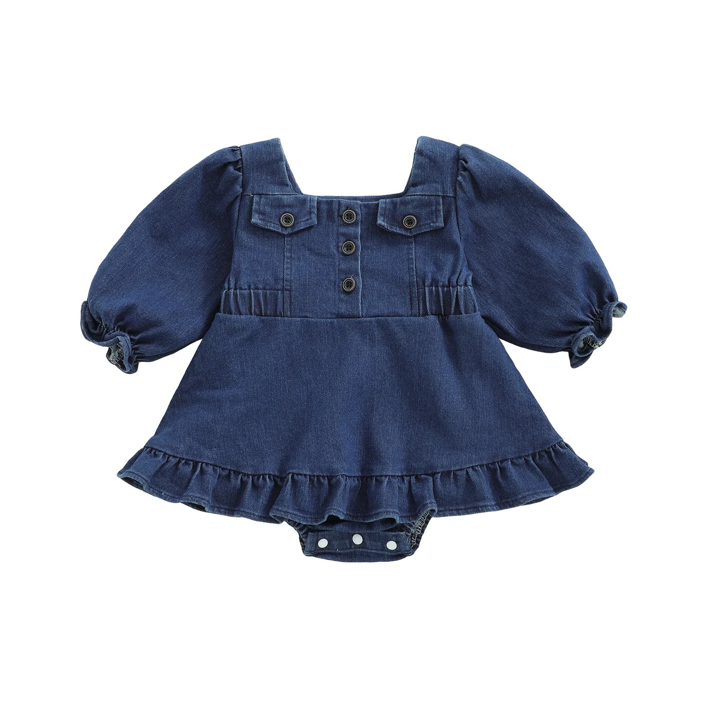 Baby Girls Denim Romper Dress - Square Neck Lantern Long Sleeve Bodysuit (0-24M)