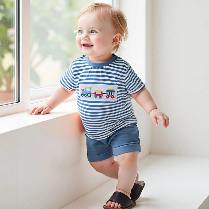 Summer Baby Boys Car Embroidery Outfit Set - Stripe Print T-Shirt & Elastic Waist Shorts (2-Piece)