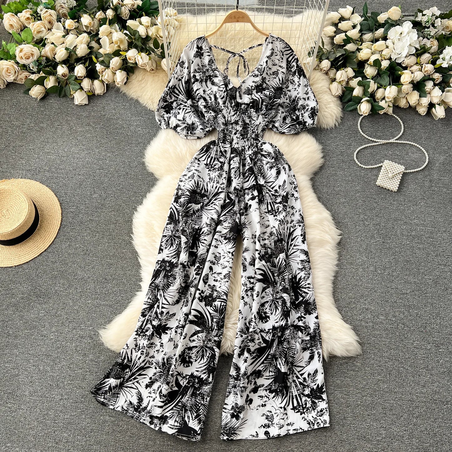 Women's V-Neck Polka Dot Jumpsuit - Wide Leg Trousers with Dolman Sleeves