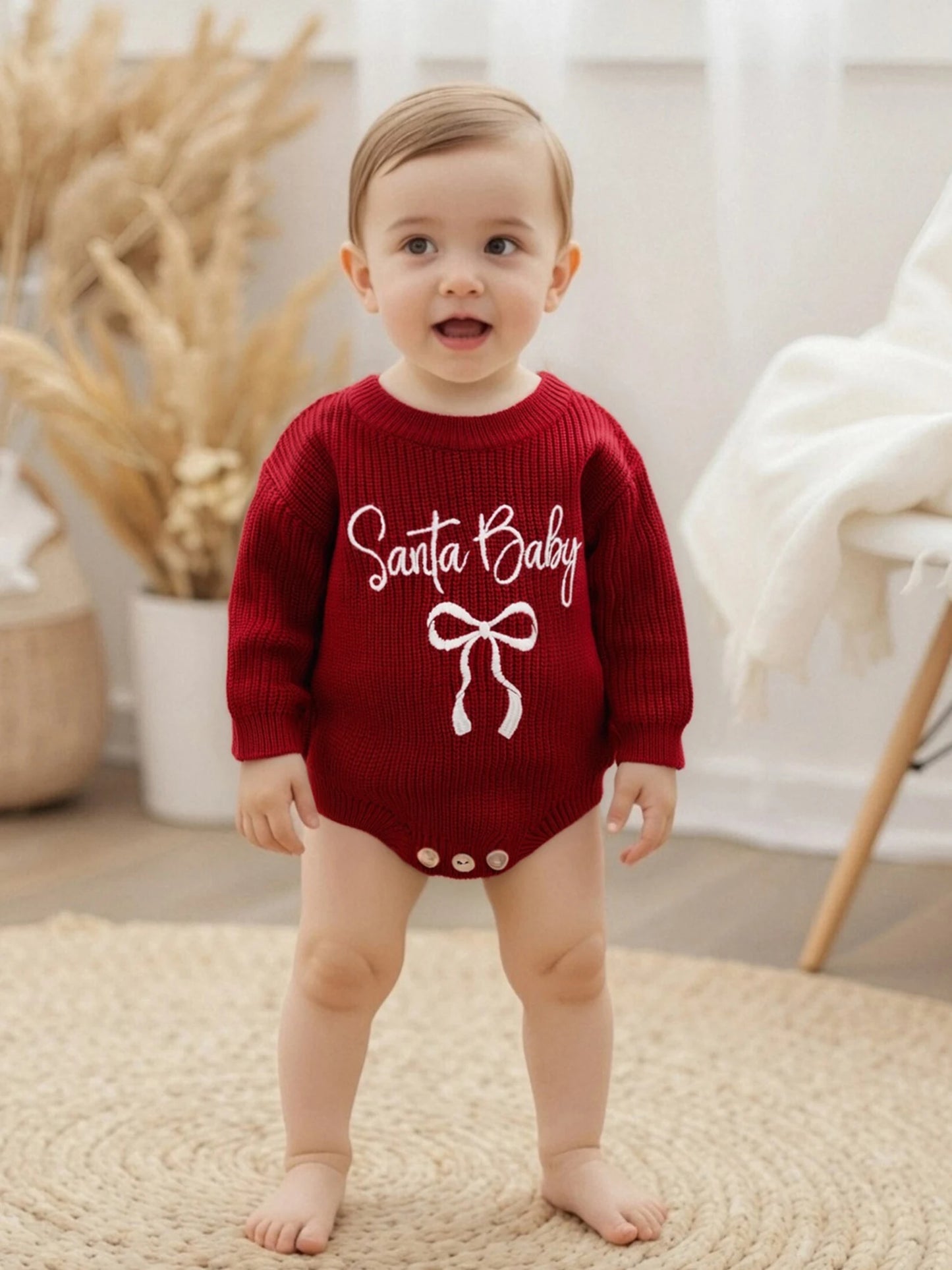Baby Christmas Romper Sweater - Letter Bow Embroidery Ribbed Long Sleeve