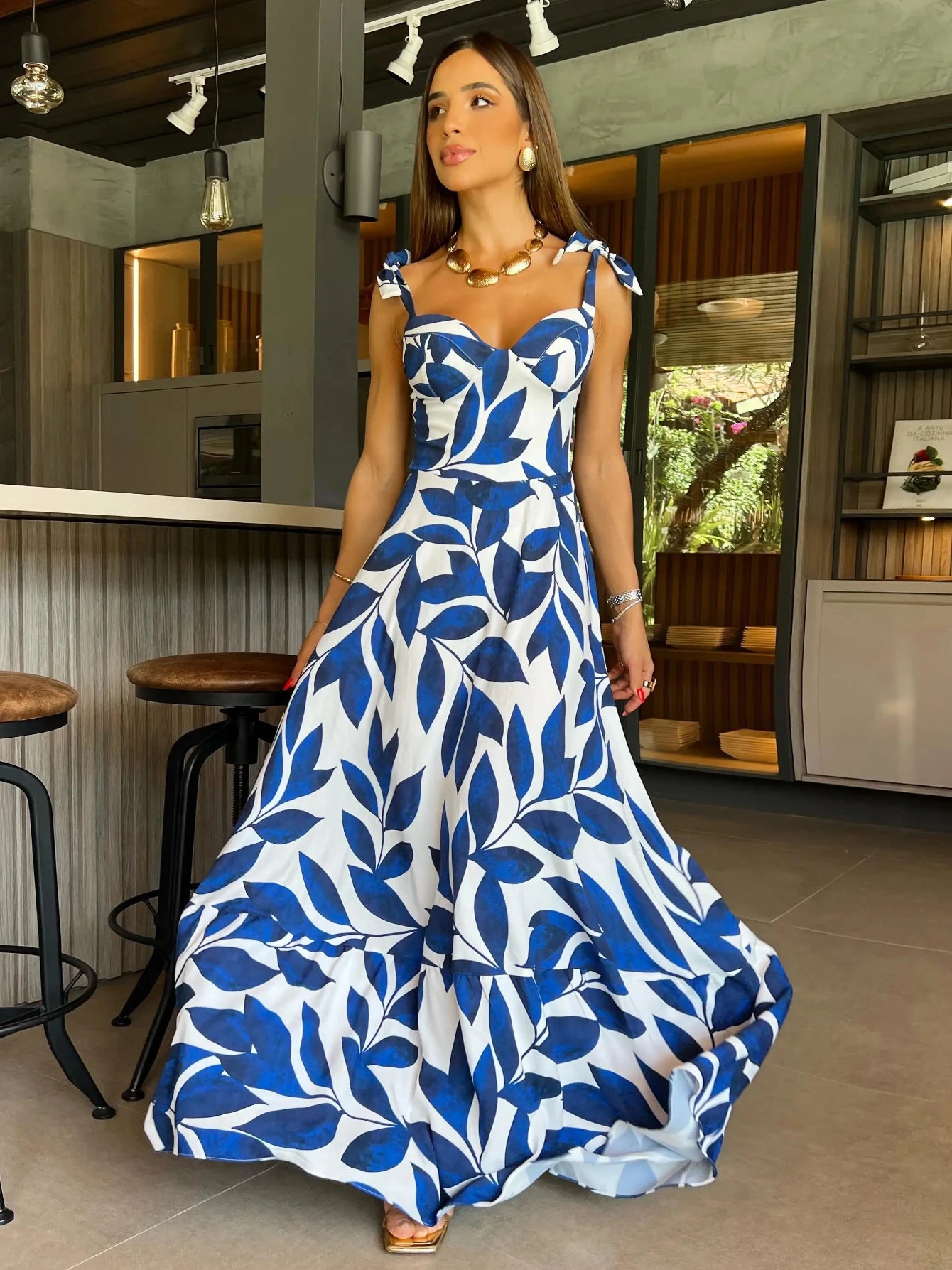 Women's Floral Printed Elegant Sleeveless Long Lace Up Robe Summer Bodycon Dress