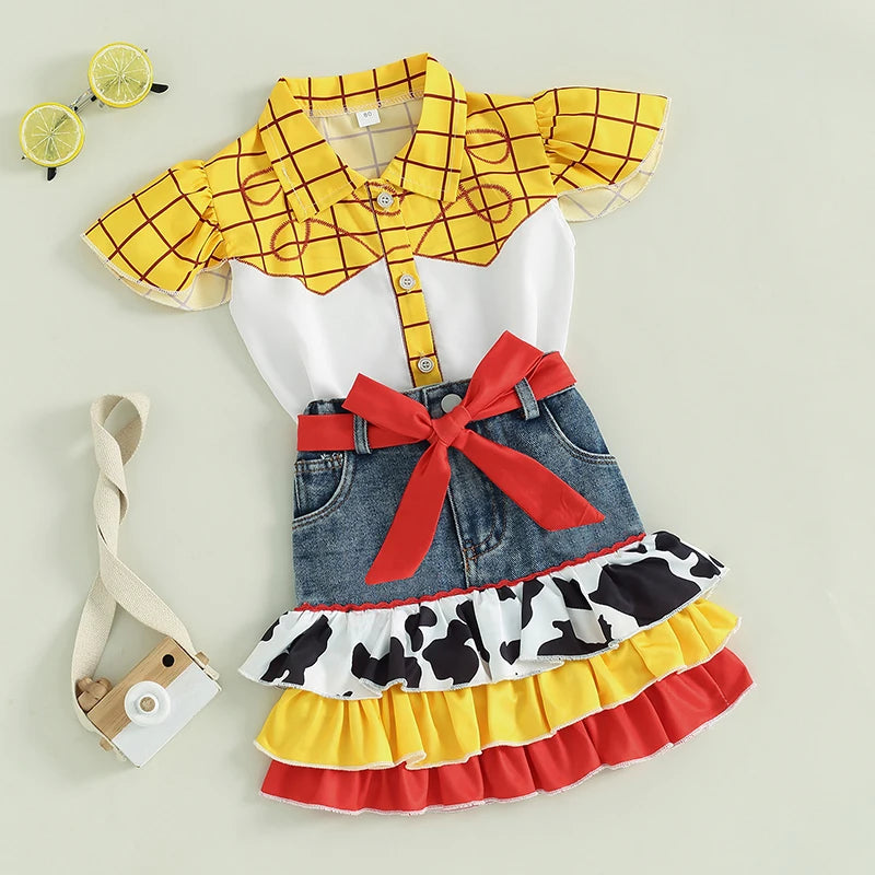 1-6Y Kids Girls Clothes Set - Plaid Patchwork Fly Sleeve Shirts Tops Cow Ruffles Denim Skirt and Headband