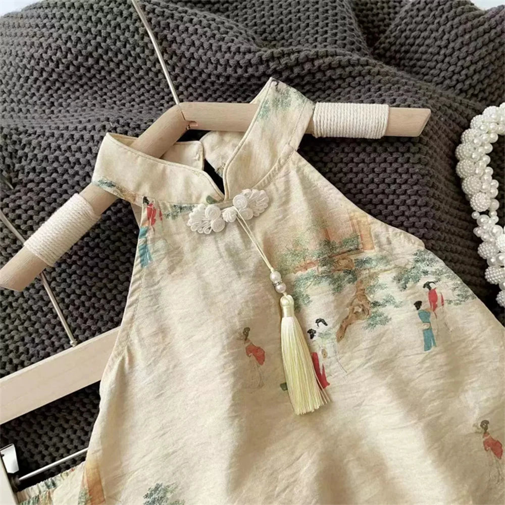 Girls' Set Summer Style Printed Standing Neck Tassel Top and Shorts Two Piece Set