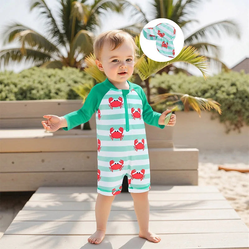 0-4Y Toddler Kids Boys Swimwear Summer Crab Stripe Print Zipper Rash Guard Swimsuit and Hat Beachwear