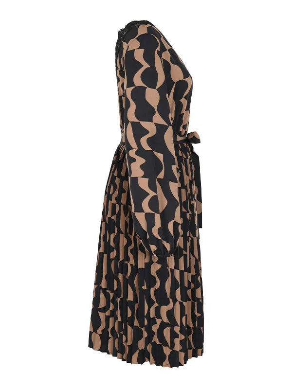 Women's Autumn Winter Long Sleeve Print Elegant V-neck Casual A-Line Knee-Length High Waist Dress