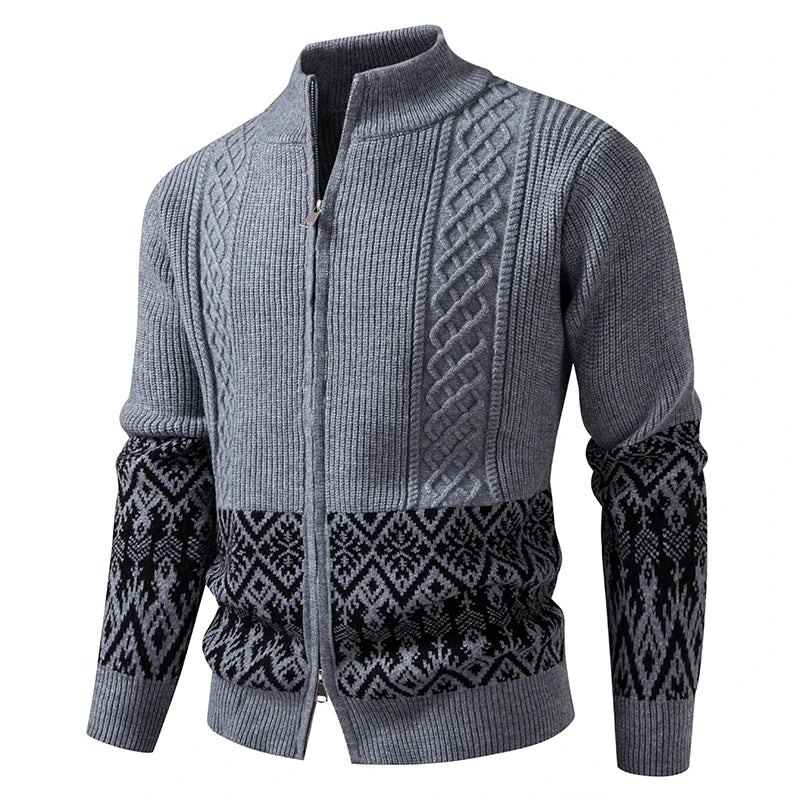 Men's Patchwork Knit Cardigan - Stand Collar Warm Sweatercoat for Autumn Winter